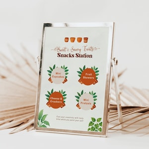 CERAMIC Painting Party Snacks Station Sign Printable | Sweet Savory Cottagecore Garden Theme, DIY Terracotta Clay Pot Green Plant Canva Boho