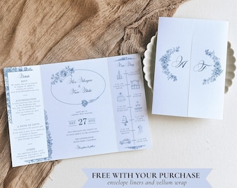 French Blue Gatefold Wedding Invitation Canva, Trifold Invite with Icon, Chinoiserie Template, Toile de Jouy Dusty Blue Frame, Vellum Jacket