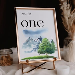 Modelo de número de mesa colorido 5x7" | Natureza pintada à mão em aquarela Montanha | Cartão de floresta elegante | Placa de decoração para impressão Canva | Céu azul