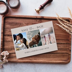 Tarjeta de reserva de fecha con varias fotos / Elegante plantilla editable de Canva / Invitación moderna para anunciar una boda / Descarga instantánea en color neutro