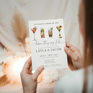 Tomemos una copa o dos. Plantilla de invitación para despedida de soltera. DESCARGA INSTANTÁNEA. Elegante invitación para pareja. Antes de que digan "Sí, quiero". Cóctel colorido.