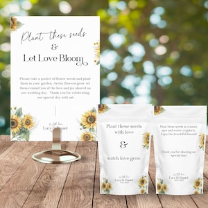 Paquete de semillas para bodas con letreros y etiquetas de regalo de girasoles / Paquetes de semillas florales / Tarjeta de regalo de boda / Recepción en el jardín hecha a mano / Plantilla editable