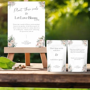 Pacote de sementes de casamento DUSTY PINK Peonies Placa de lembrança e etiquetas | Pacotes de sementes florais | Cartão de lembrança de casamento | Modelo de recepção de jardim faça você mesmo