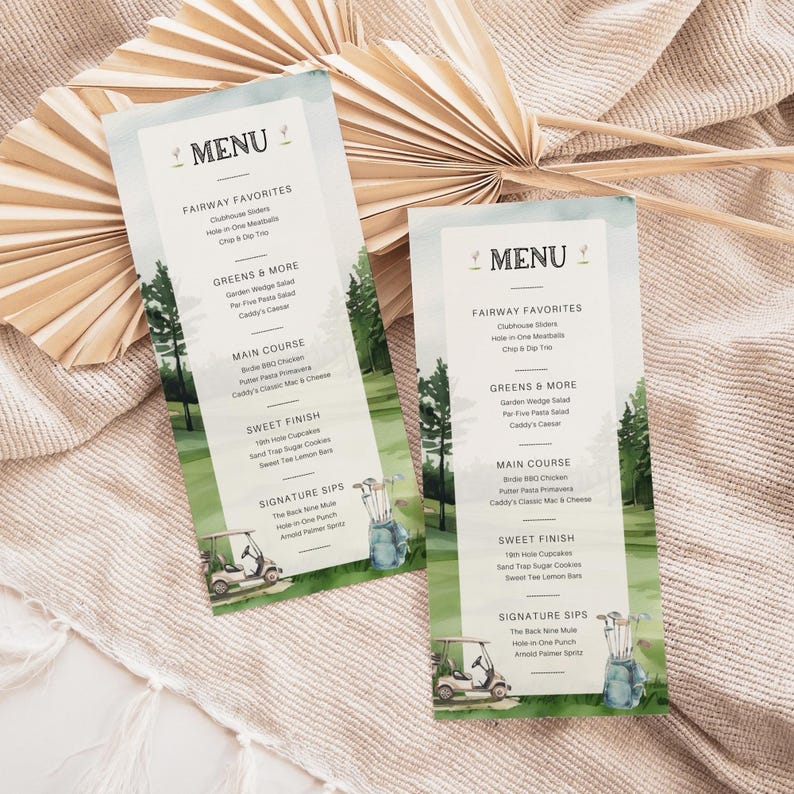 Golf Course Menu Template GOLF Wedding Shower Menu | Couple Party Theme | Watercolor Green Ball ...