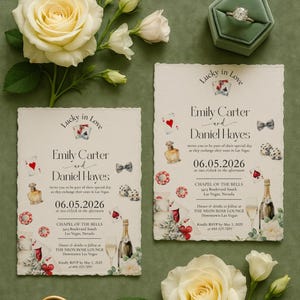 May include: Two wedding invitations with a casino theme. The invitations feature the text "Lucky in Love" and include playing cards, dice, and perfume bottles. The invitations are decorated with roses and champagne bottles.