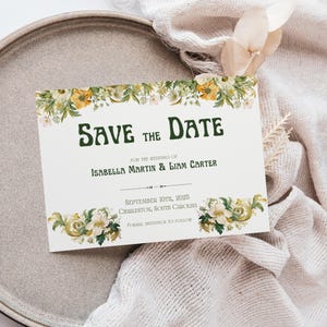 Tarjeta de invitación para guardar la fecha con flores de estilo Art Nouveau / Plantilla elegante de Canva / Invitación de boda moderna para hacer tú mismo / Flores retro en verde y naranja