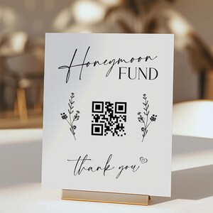 Bordsjabloon huwelijksreisfonds met QR-code | Minimalistisch met zwarte bloemen bewegwijzering bruiloft contant cadeau | Afdrukbare kaart wensput | CLAIRE