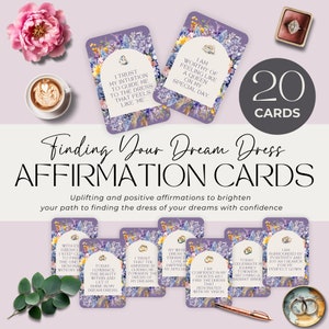 Baraja de CARTAS DE AFIRMACIONES positivas para novias, afirmaciones imprimibles para comprar vestidos de novia, DESCARGA INMEDIATA, plantilla editable, color morado