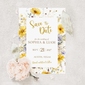 Tarjeta de invitación para guardar la fecha con flores silvestres en acuarela azul y amarilla / Elegante plantilla editable de Canva / Invitación digital moderna para anunciar una boda DIY