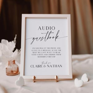 Modelo de placa para impressão de livro de visitas de áudio | Ideia de sinalização de mensagem de voz para casamento | Cartão digital moderno e elegante Livro de visitas interativo CLAIRE
