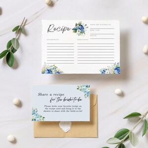 Modèle de carte de recette et d'encart pour la douche nuptiale bleu hortensia | Instructions de cuisine modifiables avec fleurs | TÉLÉCHARGEMENT IMMÉDIAT