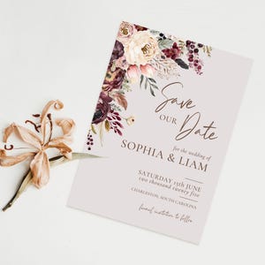 Boho terracotta e fiori bordeaux Save the Date Card / Elegante modello modificabile Canva / Invito per annuncio di matrimonio fai da te moderno digitale