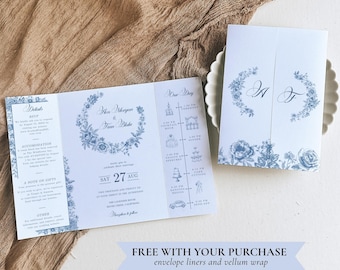 French Blue Gatefold Wedding Invitation Canva, Trifold Invite with Icon, Chinoiserie Template, Toile de Jouy Dusty Blue Wreath Vellum Jacket