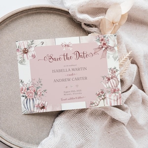 Tarjeta de invitación para guardar la fecha con flores de Grandmillennial / Plantilla elegante de Canva / Invitación de boda moderna para hacer tú mismo / Flores suaves en rosa pastel