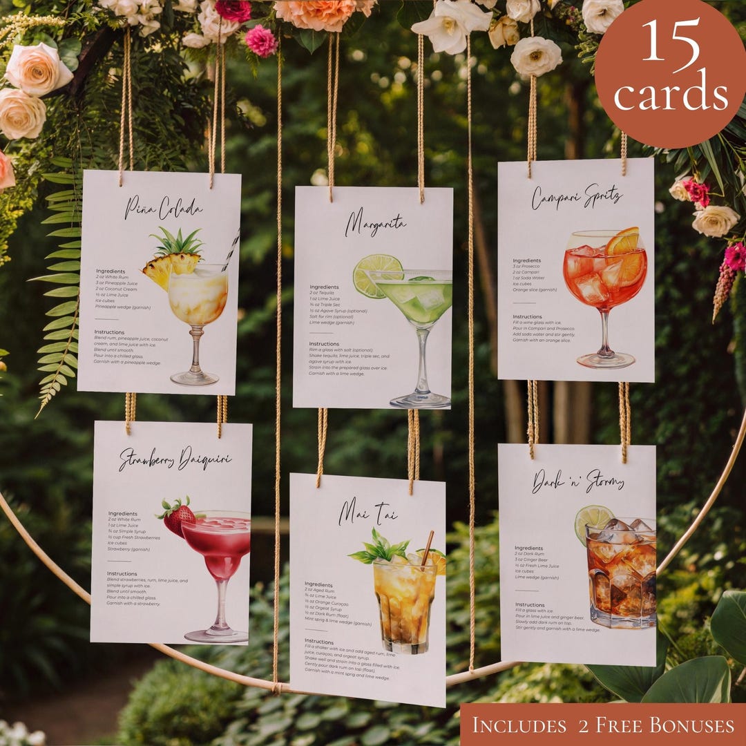 Printable Cocktaisl 15 Party Cocktails Recipe Card Printable | Pina Colada, Limoncello ...