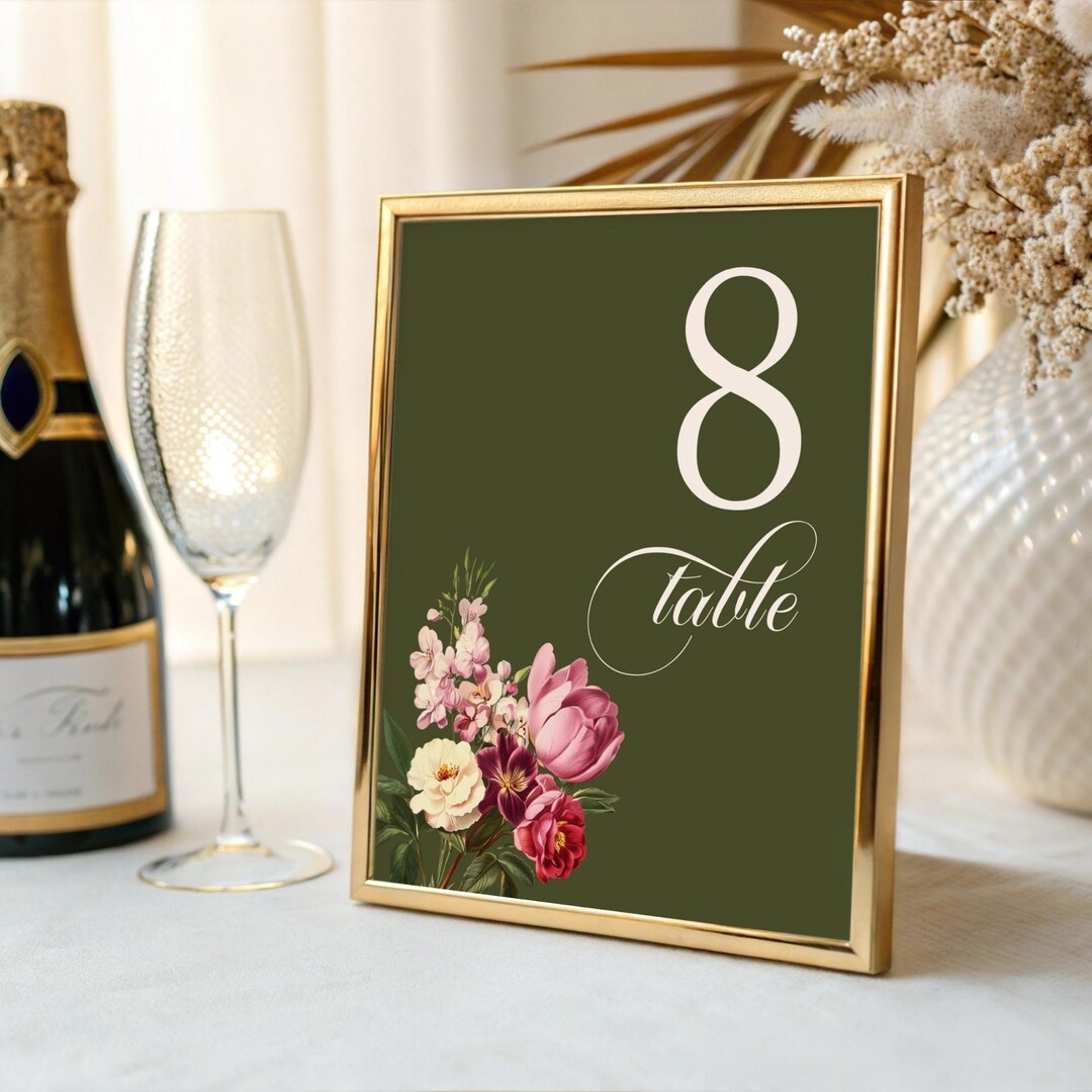 Colorful Floral Table Number Template | Gouache Dark Red Green Flowers ...