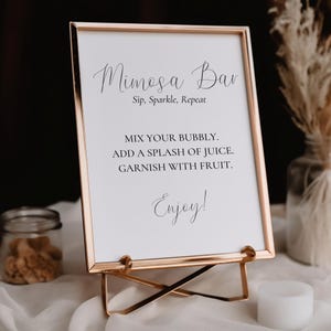 Cartello stampabile per bar Mimosa / Modello Canva / Cartellone moderno e minimalista per bar spumanti / Biglietto digitale per il ricevimento / Brunch e drink eleganti