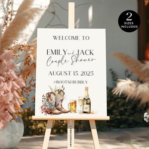 Boho Blumenstiefel und sprudelnde Paardusche Willkommensschild, Champagner-Bier-Empfangsbeschilderung, bearbeitbar in Canva Minimalplakat, rustikaler Western