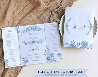 French Blue Gatefold Wedding Invitation Canva, Trifold Invite Monogram Crest, Chinoiserie Template, Toile de Jouy Dusty Blue Frame, Vellum