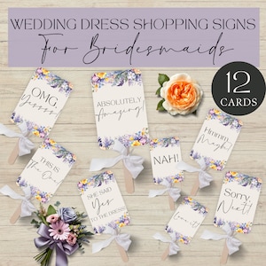Ja zum Kleid, Hochzeitseinkaufsschilder, SOFORTIGER DOWNLOAD, druckbares Flip-Kartenkit für Brautjungfern, bearbeitbare Vorlage, lila Blumen