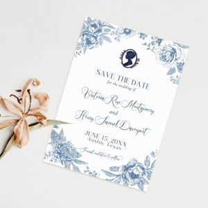 Toile de jouy-save-the-date kaart bloemenrand | Regency Franse chinoiserie bloem silhouet sjabloon | Stofblauwe trouwaankondiging