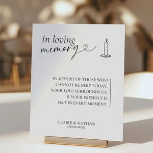 Plantilla de letrero de boda In Loving Memory Canva / Letrero de mesa de homenaje conmemorativo moderno / Tarjeta elegante digital / Por siempre en nuestros corazones / Vela