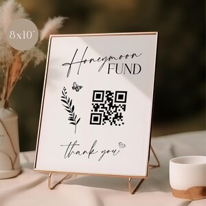 Honeymoon Fund Schild Vorlage mit QR Code | Minimalistisch mit schwarzen Blumen Hochzeit Geldgeschenk Beschilderung | Ich wünsche gut druckbare Karte | CLAIRE
