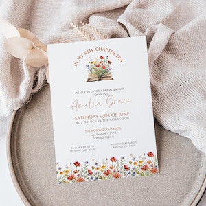 Livre de douche nuptiale sur le thème Un nouveau chapitre commence, Invitations, livre de contes printemps fleurs sauvages livre ouvert aquarelle modèle de toile TÉLÉCHARGEMENT IMMÉDIAT