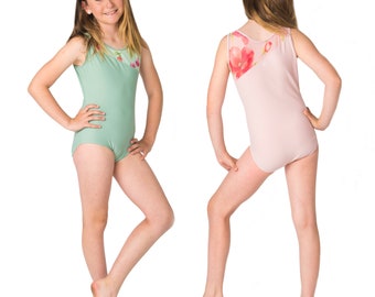 2 Color Options! Made In USA 2-Tone Mint Seagrass Green Baby Pink Floral Flower Print Super Soft Girls Leotard Gymnastics Yoga Dance Apparel