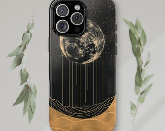 Capa para celular com a fase da lua da meia-noite | Capa com linhas celestiais douradas