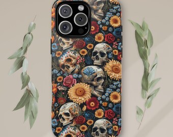 Skulls & Wildflowers Phone Case | Embroidered Style, Gothic Floral