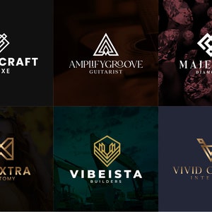 Op de afbeelding: Zes verschillende logo-ontwerpen voor verschillende bedrijven. De logo's zijn allemaal geometrisch en hebben een verscheidenheid aan kleuren, waaronder goud, wit en zwart. De logo's zijn geplaatst tegen een verscheidenheid aan achtergronden, waaronder zwart, bruin en groen.