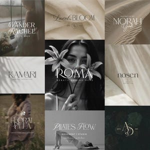 Puede incluir: Un collage de nueve diseños de logo diferentes para varios negocios. Los logotipos presentan una variedad de fuentes, colores y estilos, incluyendo motivos florales, diseños minimalistas y escritura a mano.