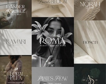 Pode incluir: Uma colagem de nove designs de logotipo diferentes para vários negócios. Os logotipos apresentam uma variedade de fontes, cores e estilos, incluindo motivos florais, designs minimalistas e escrita à mão.