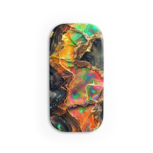 May include: Abstract art print with a colorful, swirling pattern of orange, yellow, green, blue, and pink. The pattern is reminiscent of a gemstone or agate with gold accents.