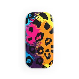 May include: A colorful phone case with a leopard print design in shades of blue, pink, yellow, and orange.