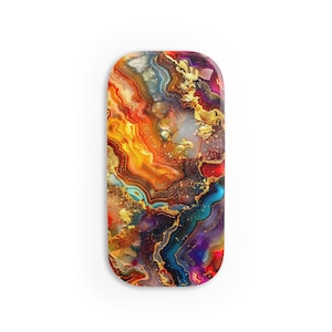 May include: A colorful abstract design with swirling patterns of red, orange, yellow, blue, purple, and gold. The design resembles a slice of agate or other semi-precious stone.