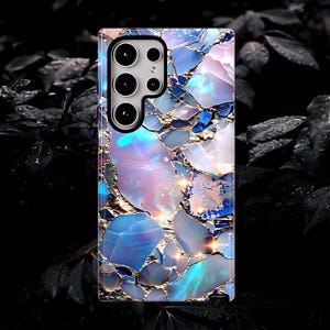 Coque de portable bleu pierre de lune opale et or Coque de téléphone robuste pour iPhone 16 pro Coque de téléphone Samsung S24 Ultra