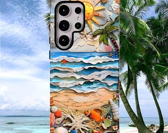 Beach Scene Tough Case | Tropical Ocean Waves, Seashells & Palm Tree Phone Cover