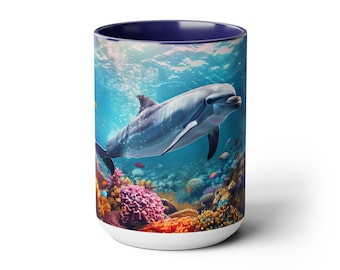 Delphin Fisch Tasse | Zweifarbige Aquarium-Kaffeetasse | 15 Unzen Korallenriff-Becher