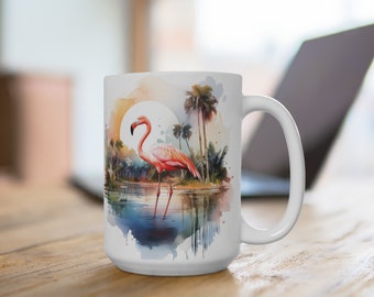 Pink Flamingo Watercolor Coffee Mug | Tropical Painting Art Tea Mug | Ceramic Animal 15oz Coffee Cup