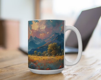 Taza de café con pintura de paisaje/taza de té de arte realista/taza de café de cerámica de 15oz