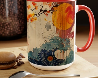 Taza de té de arte abstracto Zen / Taza de café de paisaje de dos tonos / Taza de cerámica inspiradora de 15 oz