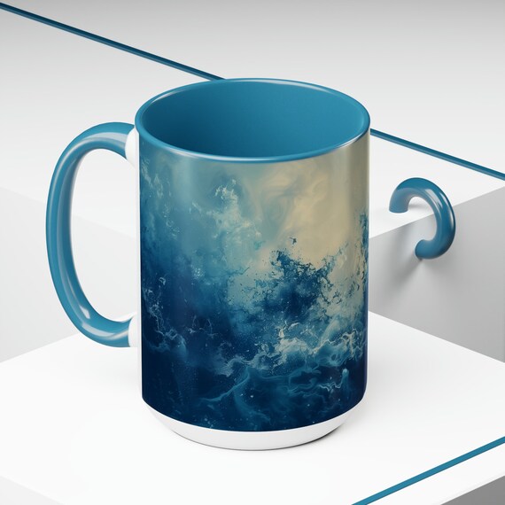 Cyanotype Abstract Art Zen Mug | Ceramic Blue Two-Tone Tea Mug | 15oz  Inspirational Coffee Cup