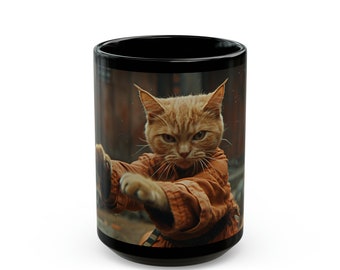Caneca engraçada do gato do karaté de <br> Entrega Rápida? Copo de café de cerâmica para animais de estimação bobo vaquinha | Caneca de chá de 15 onças para amante de animais
