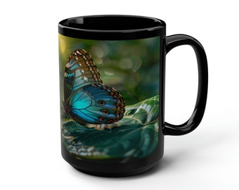 Blue Butterfly Mug | Black Ceramic Coffee Cup | 15oz Tea Mug
