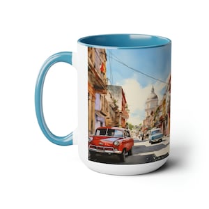 Havanna Kuba Aquarell Kunst Tasse | Keramik blau zweifarbige Teetasse | 15oz World Travel Lover Kaffeetasse
