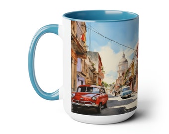Havana Cuba Watercolor Art Mug | Ceramic Blue Two-Tone Tea Mug | 15oz World Travel Lover Coffee Cup