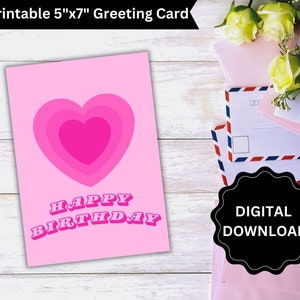 Printable Pink Heart Birthday Card, Happy Birthday Card, Pink Heart Card, DIGITAL DOWNLOAD, Printable Card, Happy Birthday