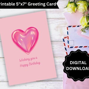 Pink Heart Card, Pink Heart Happy Birthday Card, Pink Heart, Birthday Card, Happy Birthday, DIGITAL DOWNLOAD, Printable 5x7 Greeting Card
